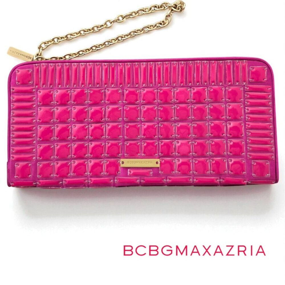 BCBGMAXAZRIA Hot Pink Clutch Wristlet Y2K Gold Hardware NWOT